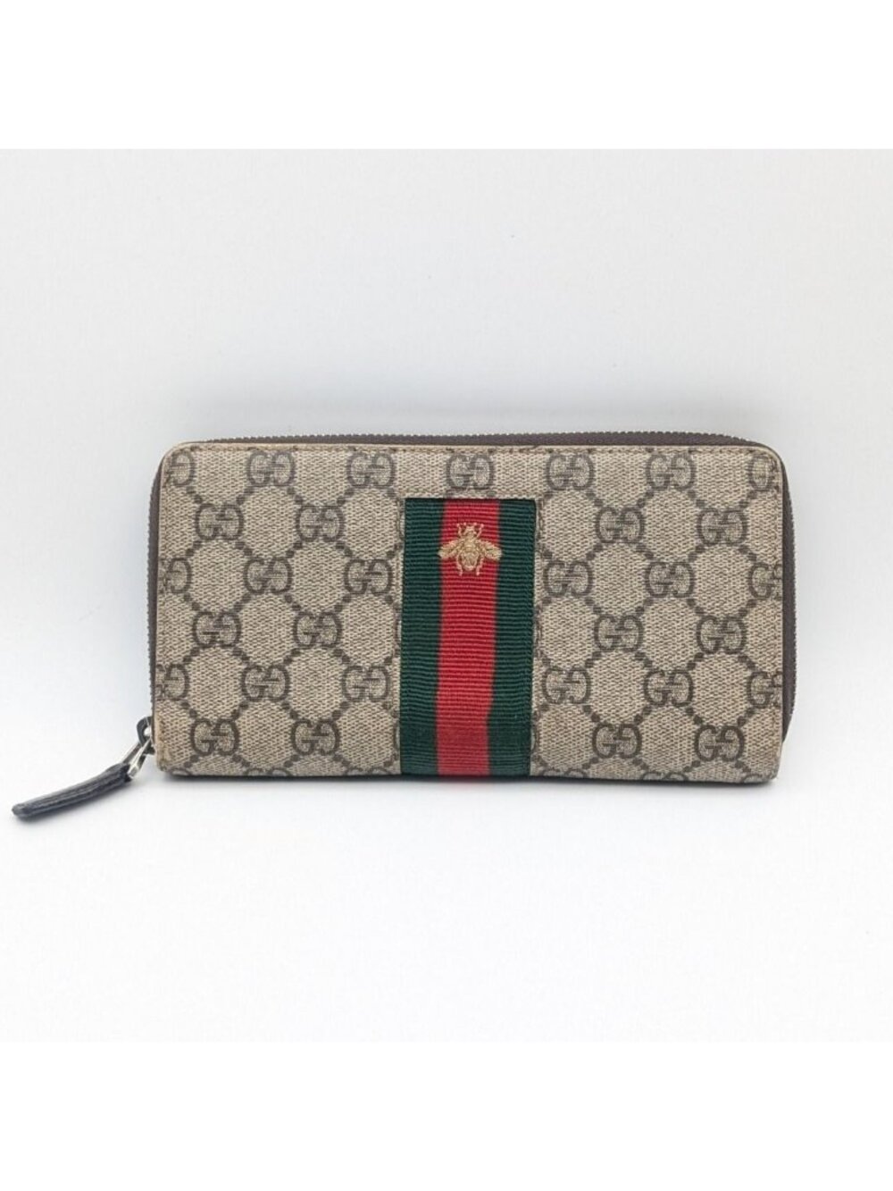 Gucci GG Supreme Sherry Line Bee Zip Around Wallet